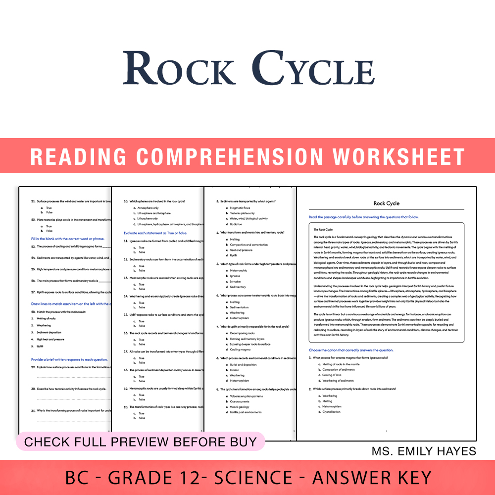 Grade 12 Science worksheet worksheet — 12th Grade Science | Rock Cycle Worksheet (PDF + Answer Key) — page 1