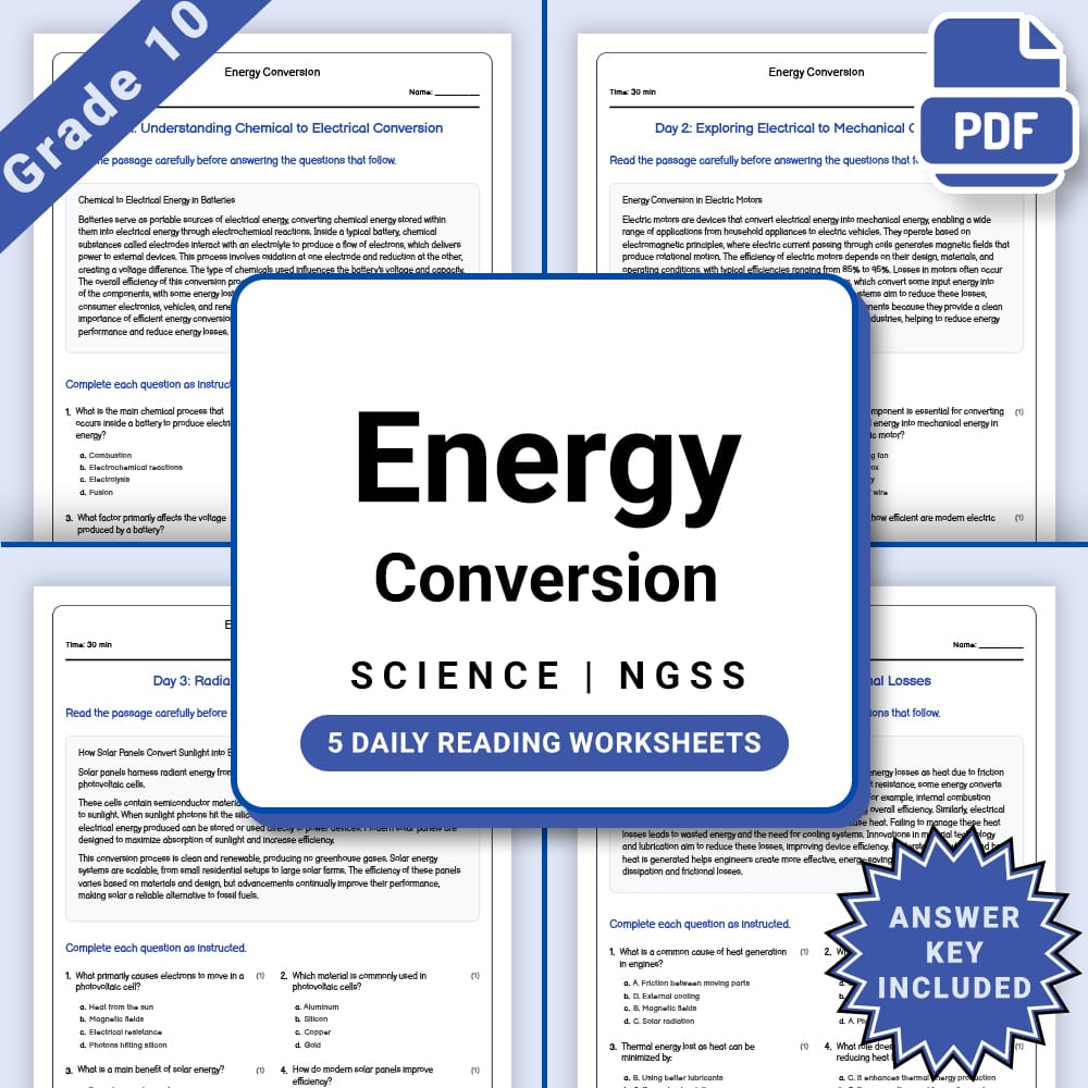 Grade 10 Science daily reading worksheet worksheet — Grade 10 Science Energy Conversion Worksheet (PDF +Answer Key) — page 1