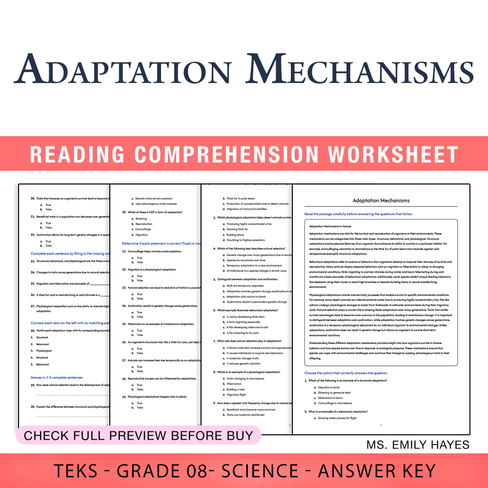 Grade 8 Science worksheet worksheet — 8th Grade Science | Adaptation Mechanisms Worksheet (PDF + Answer Key) — page 1