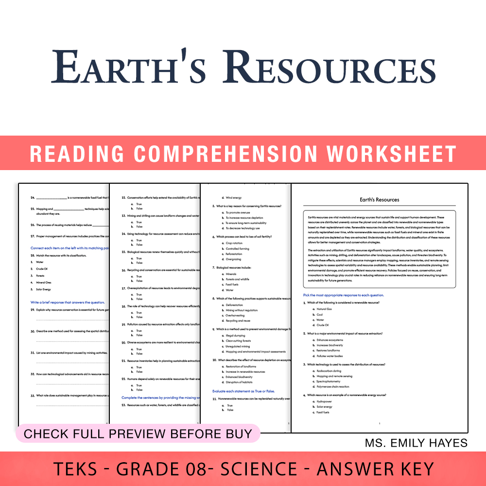 Grade 8 Science worksheet worksheet — Grade 8 Science | Earth's Resources Worksheet (PDF+ Answer Key) — page 1