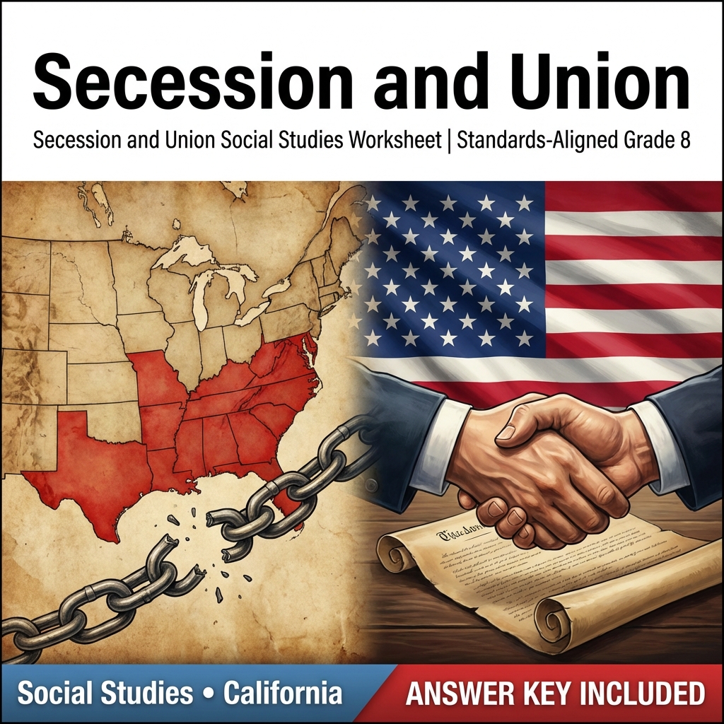 Secession and Union Social Studies Worksheet | Standards-Aligned Grade 8