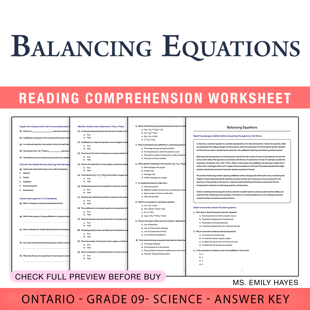Grade 9 Science worksheet worksheet — 9th Grade Science | Balancing Equations Practice Worksheet (PDF + Answer Key) — page 1