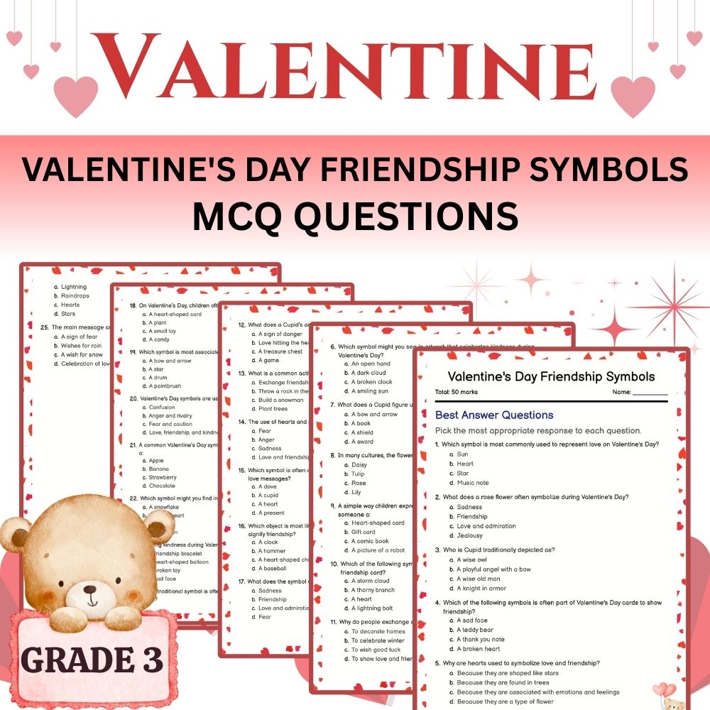 Grade 3 Seasonal velantine mcq worksheet — Grade 3 Seasonal Valentine’s Day Symbols – Multiple Choice Quiz