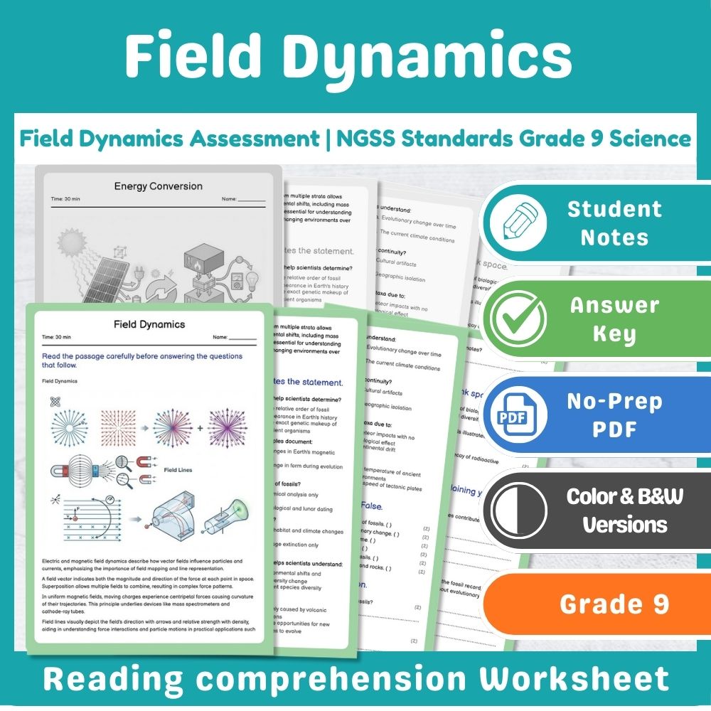 Grade 9 Science assessment worksheet — Field Dynamics Assessment | NGSS Standards Grade 9 Science