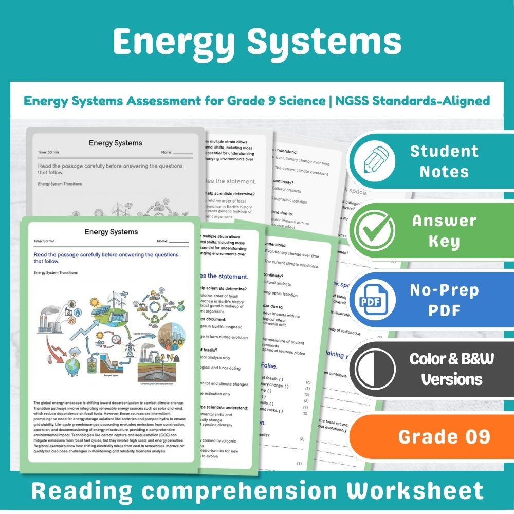 Energy Systems Assessment for Grade 9 Science | NGSS Standards-Aligned