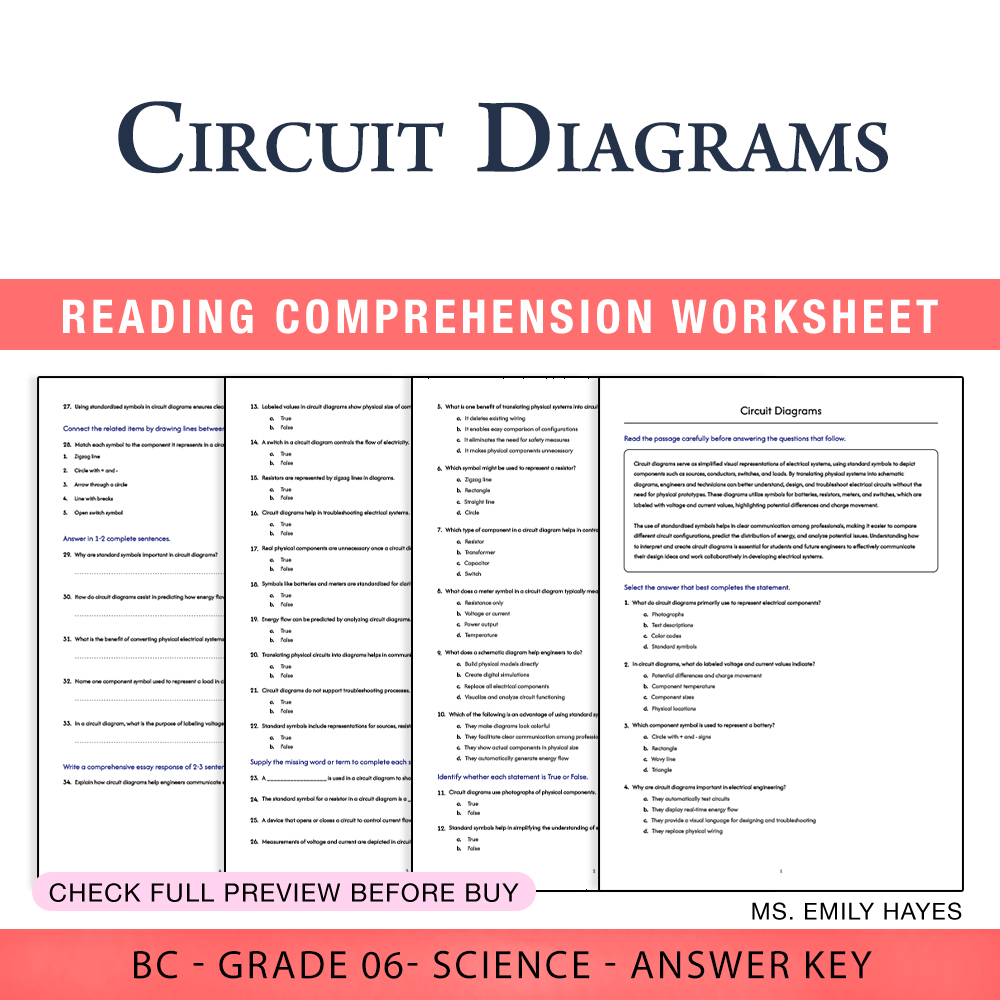 Grade 6 Science worksheet worksheet — 6th Grade Science | Circuit Diagrams Worksheet (PDF+ Answer Key) — page 1