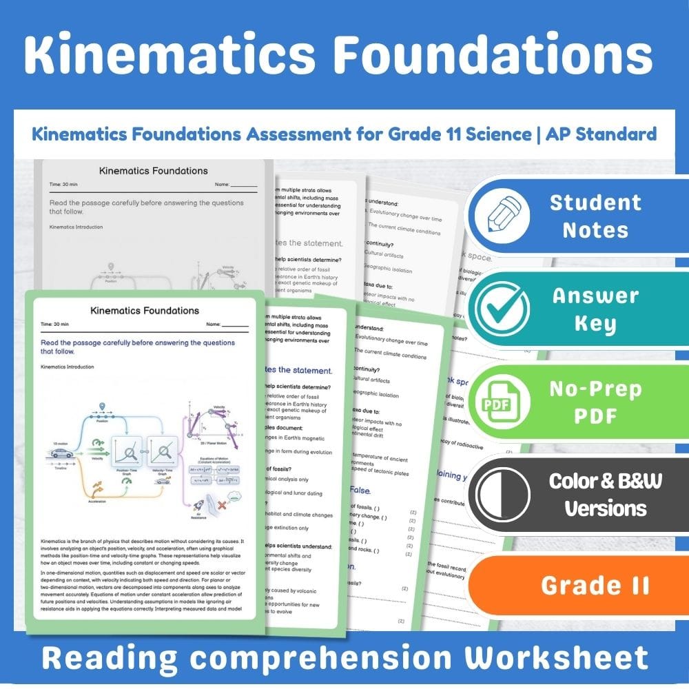 Grade 11 Science assessment worksheet — Kinematics Foundations Assessment for Grade 11 Science | AP Standard — page 1