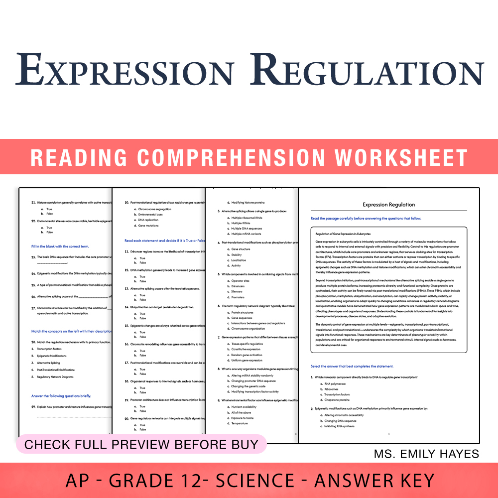 Grade 12 Science worksheet assessment worksheet — Grade 12 Science | Expression Regulation Worksheet (PDF+ Answer Key) — p…