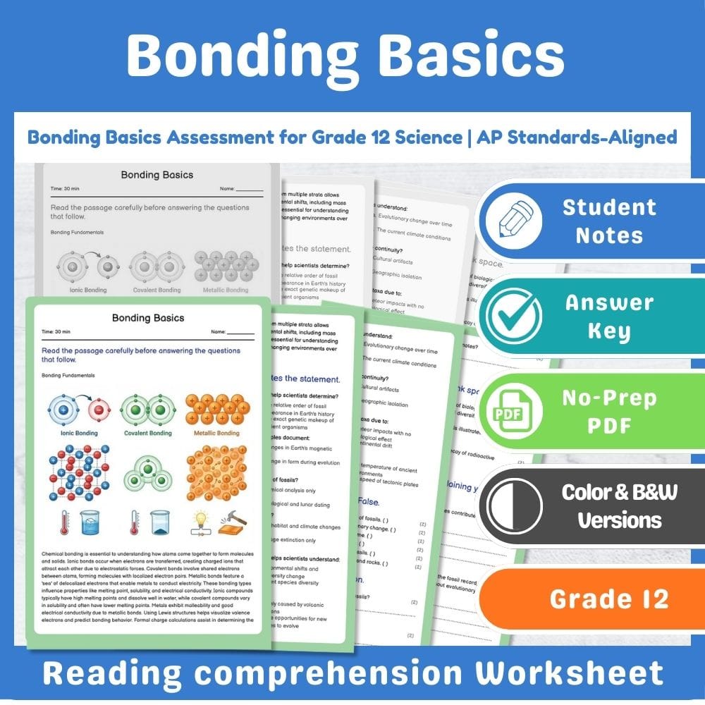 Grade 12 Science assessment worksheet — Bonding Basics Assessment for Grade 12 Science | AP Standards-Aligned — page 1