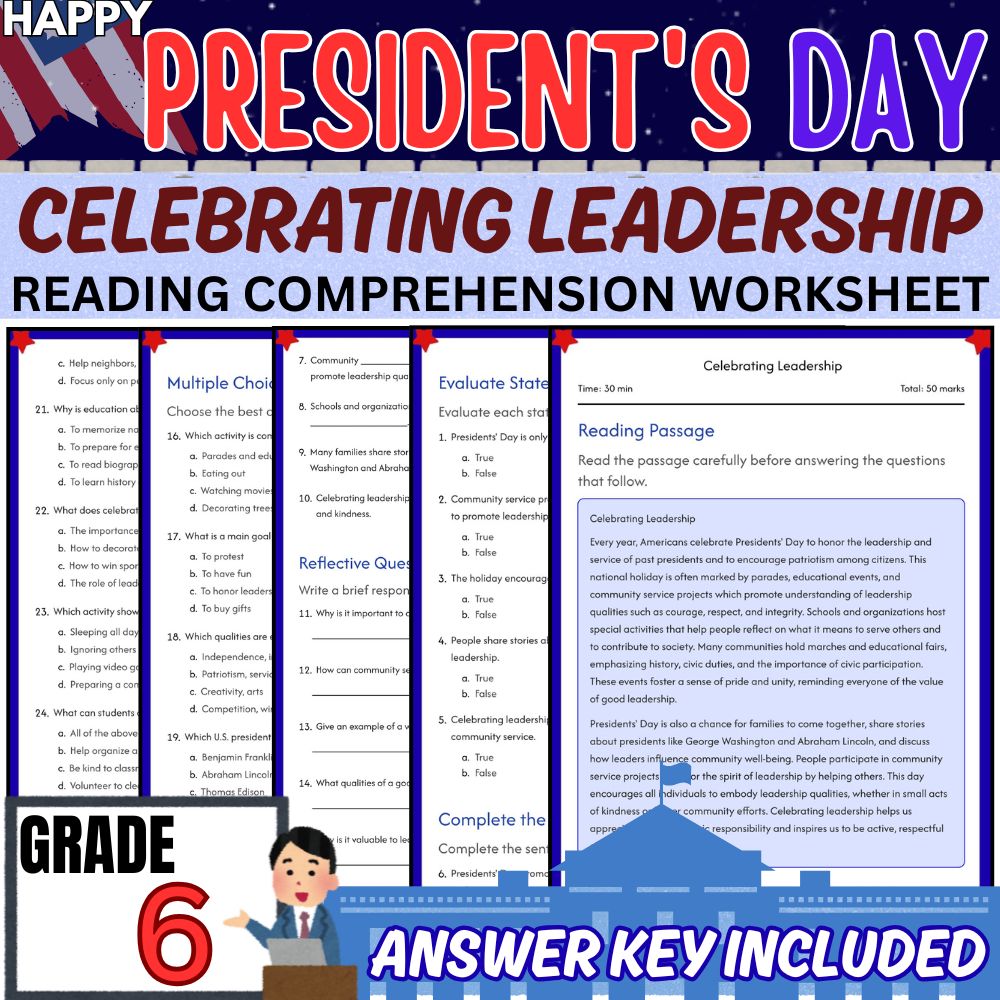 Grade 6 Social Studies | Presidents Day Worksheet for Mastery | PDF + Answer Key