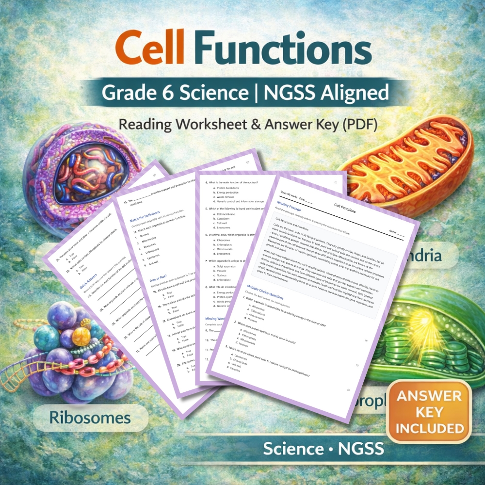 6th Grade Science | Cell Functions | Worksheet & Answer Key – NGSS Aligned