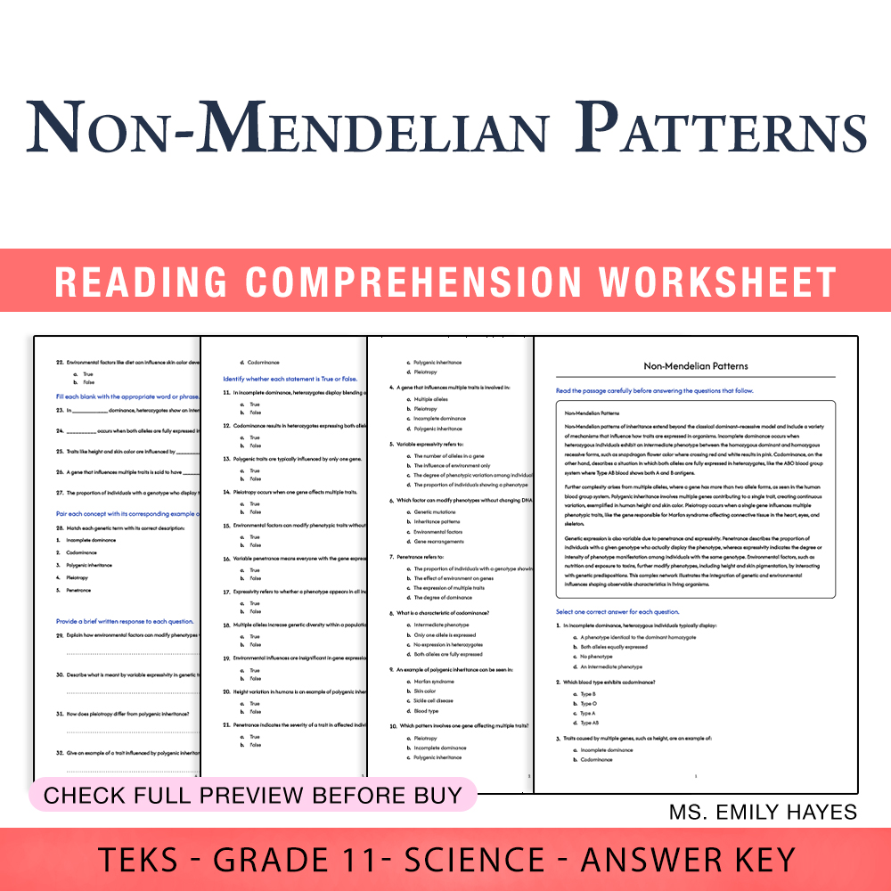 Grade 11 Science worksheet worksheet — Grade 11 Science | Non-Mendelian Patterns Worksheet (PDF+ Answer Key) — page 1
