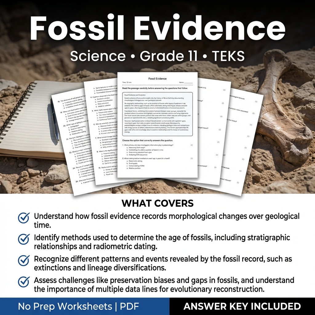 Grade 11 Science worksheet — Grade 11 Science Worksheet on Fossil Evidence | TEKS-Aligned Practice