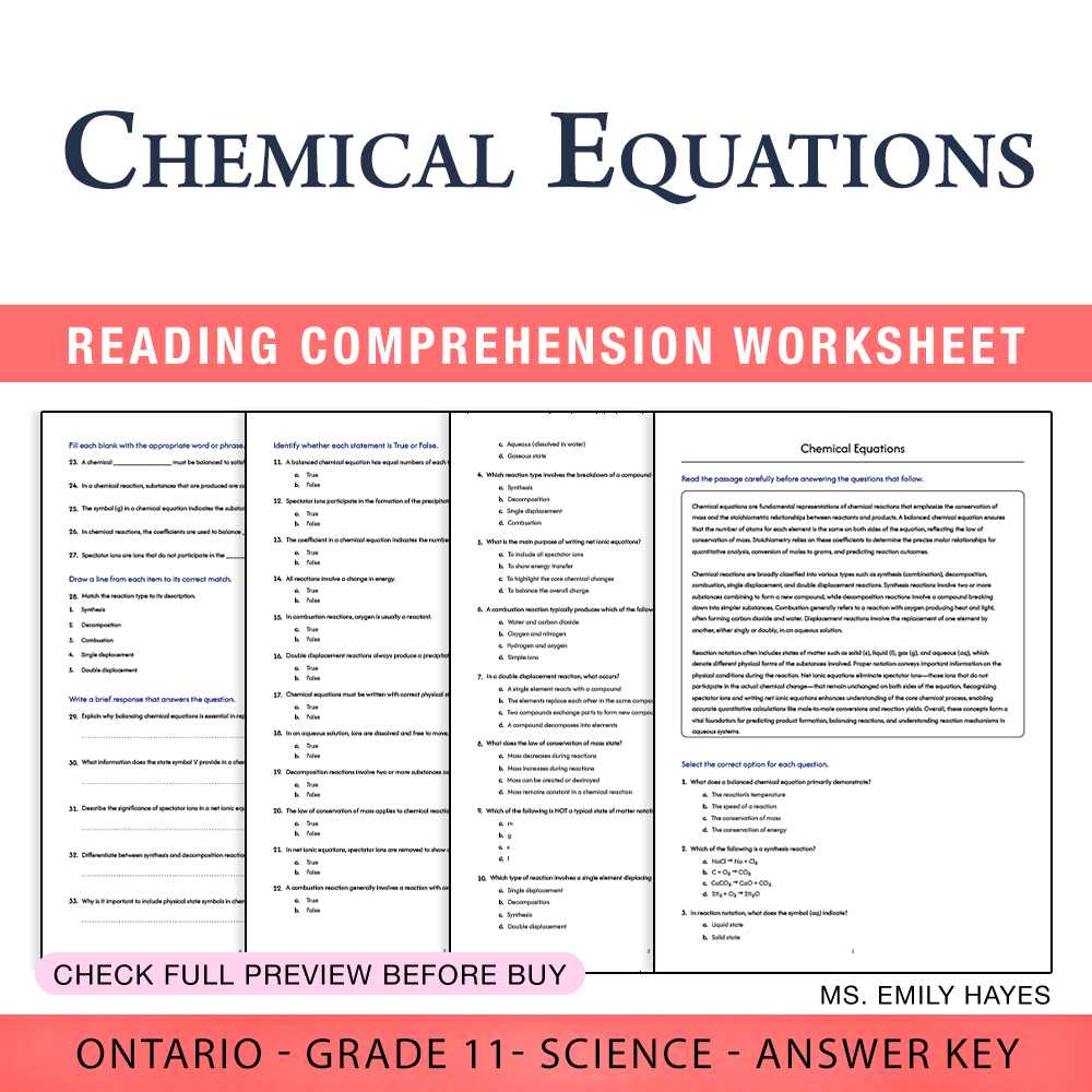 Grade 11 Science worksheet worksheet — 11th Grade Science | Chemical Equations Worksheet (PDF + Answer Key) — page 1