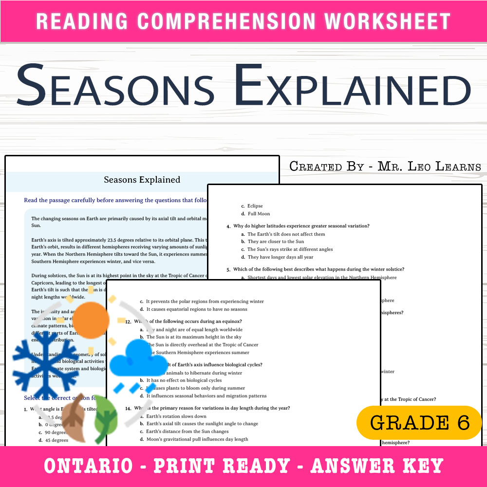 Grade 6 Science worksheet worksheet — Grade 6 Science – Seasons Explained Worksheet for Mastery — page 1