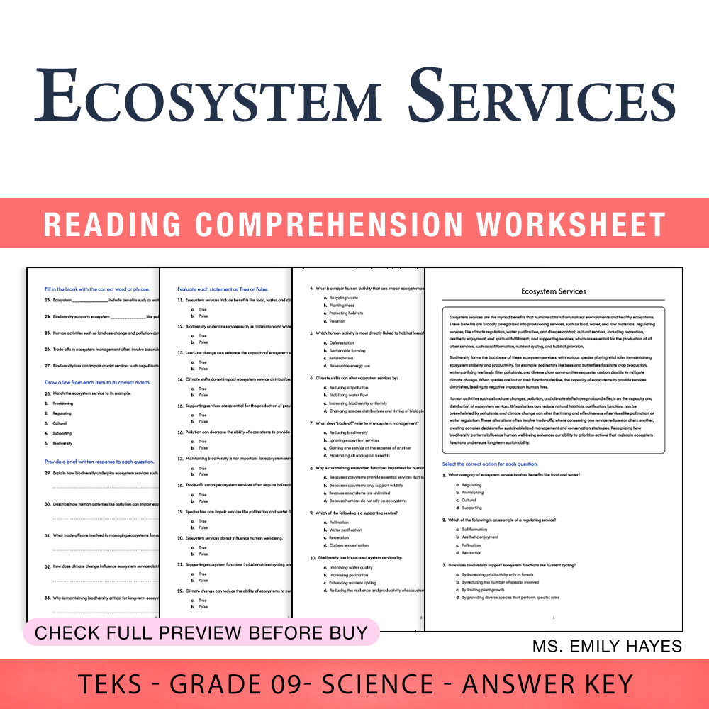 Grade 9 Science worksheet worksheet — 9th Grade Science | Ecosystem Services Worksheet (PDF+ Answer Key) — page 1