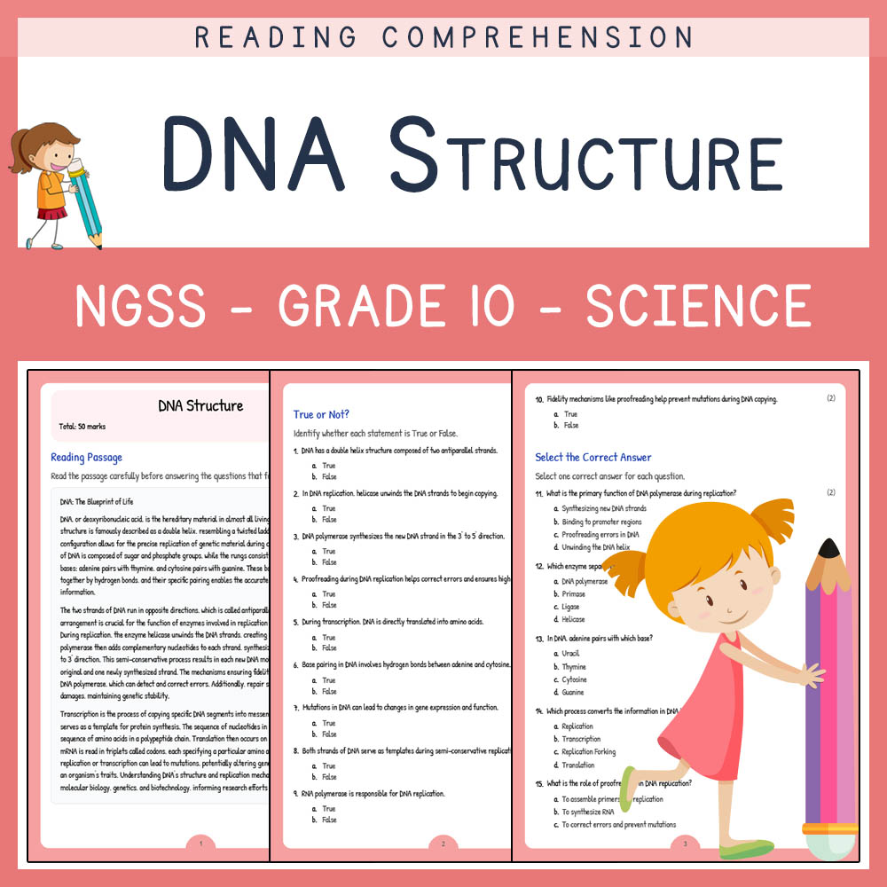 Grade 10 Science worksheet worksheet — Grade 10 Science | DNA Structure Worksheet & Answer Key (PDF) – NGSS Aligned — page 1
