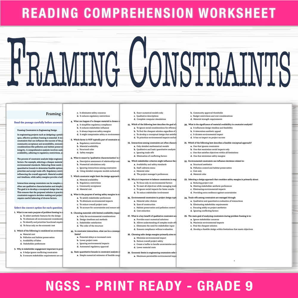 Grade 9 Science worksheet worksheet — Grade 9 Science | Framing Constraints Worksheet (PDF + Answer Key) — page 1