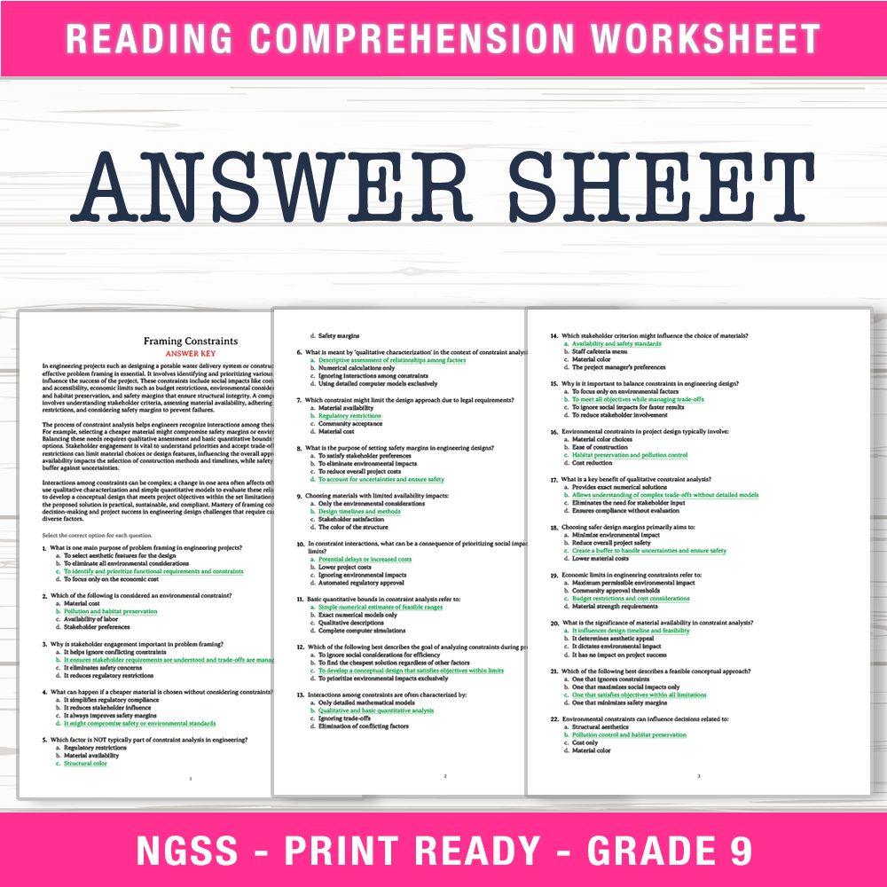 Grade 9 Science worksheet worksheet — Grade 9 Science | Framing Constraints Worksheet (PDF + Answer Key) — page 2