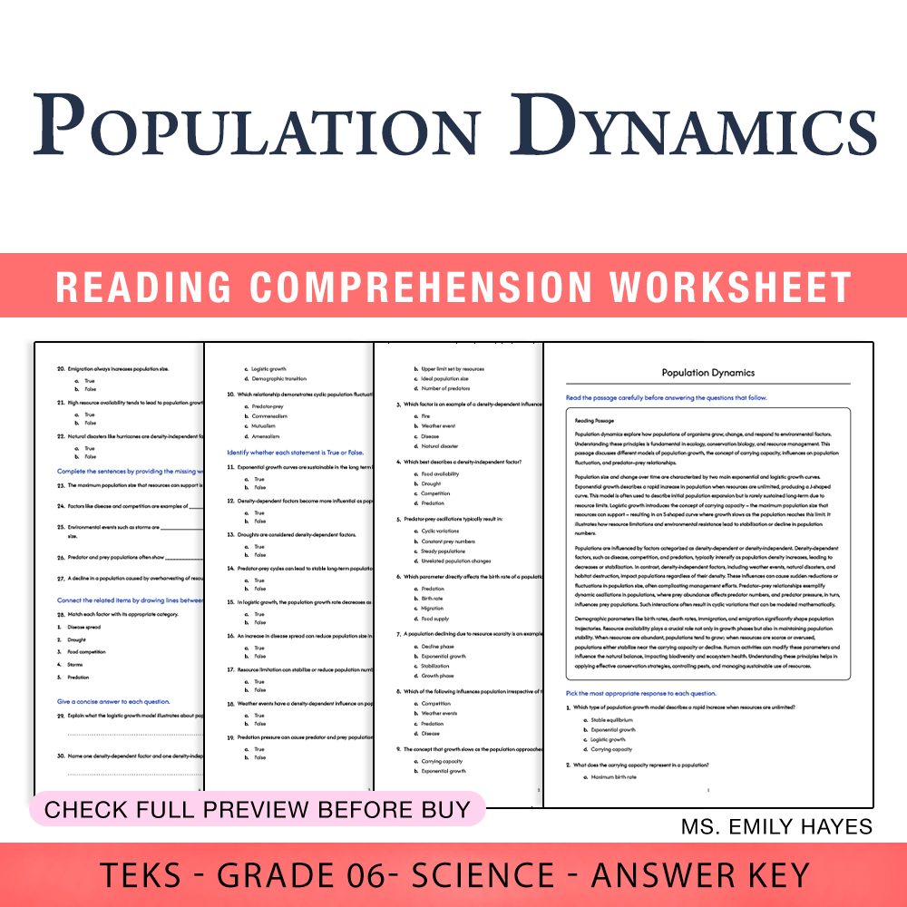 Grade 6 Science worksheet worksheet — 6th Grade Science | Population Dynamics Worksheet (PDF+ Answer Key) — page 1