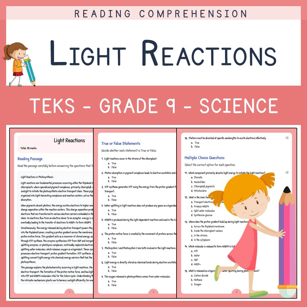 Grade 9 Science worksheet elena worksheet — Grade 9 Science | Light Reactions Worksheet | TEKS-Aligned — page 1