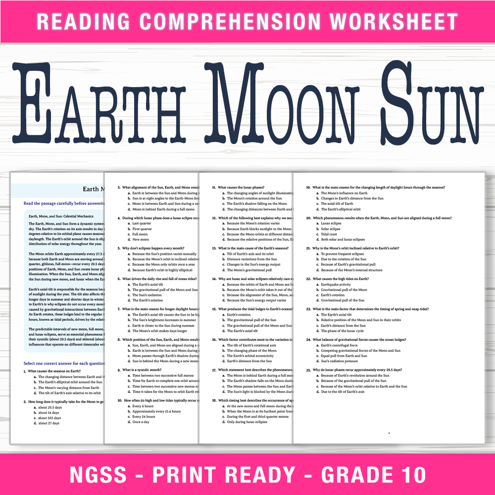 Grade 10 Science worksheet worksheet — Grade 10 Science – Earth Moon Sun Phenomena Worksheet (PDF + Answer Key) — page 1