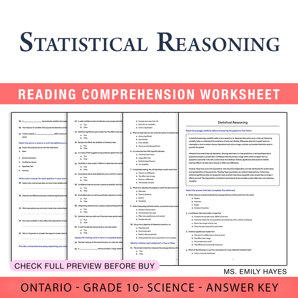 Grade 10 Science worksheet worksheet — Grade 10 Science | Statistical Reasoning Worksheet (PDF + Answer Key) — page 1