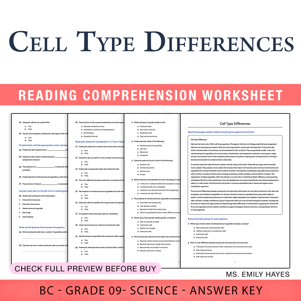 Grade 9 Science worksheet worksheet — Grade 9 Science | Cell Type Differences Worksheet (PDF+ Answer Key) — page 1