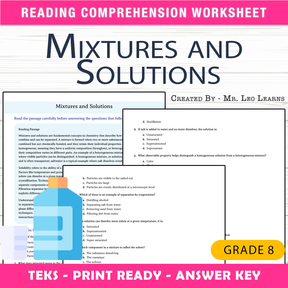 Grade 8 Science worksheet worksheet — Grade 8 Science — Mixtures and Solutions Worksheet for Mastery | PDF + Answer Key —…