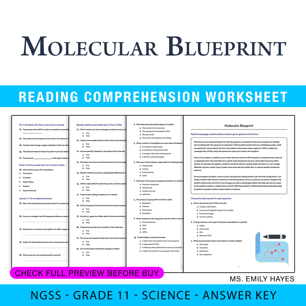 Grade 11 Science worksheet worksheet — 11th Grade Science | Molecular Blueprint Worksheet (PDF+ Answer Key) — page 1