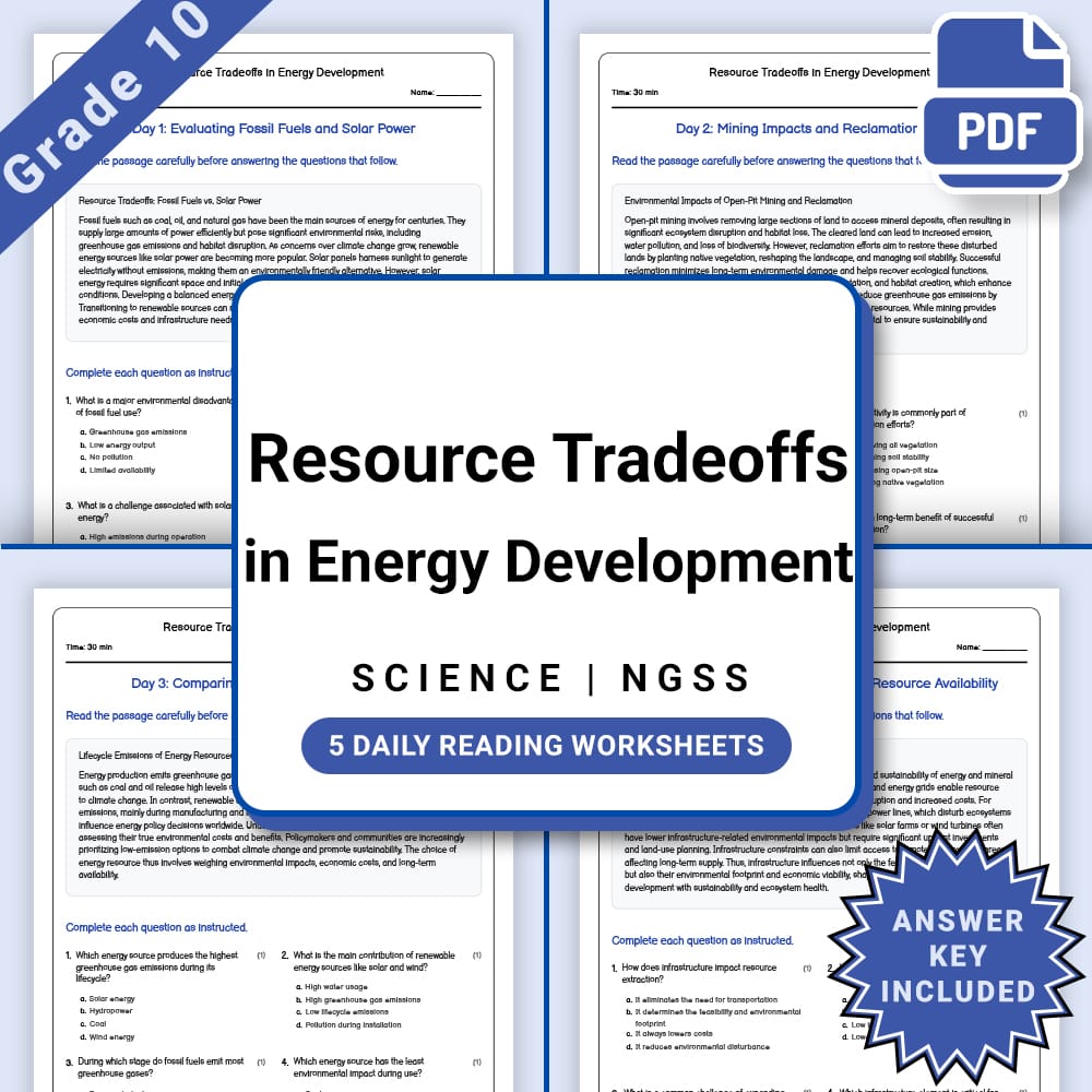 Grade 10 Science daily reading worksheet worksheet — Grade 10 Science – Resource Tradeoffs in Energy Development (PDF +Ans…