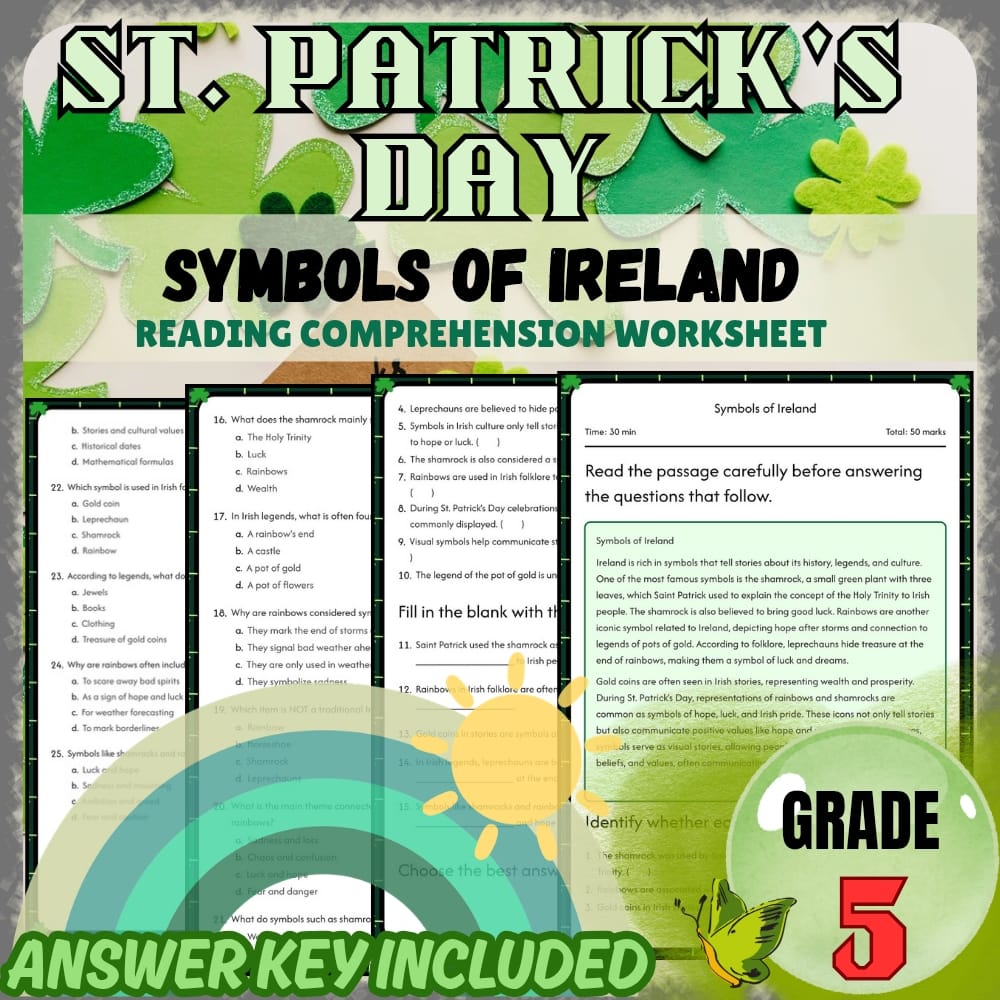 Grade 5 Holiday | St.patricks day for Symbols of Ireland | PDF + Answer Key