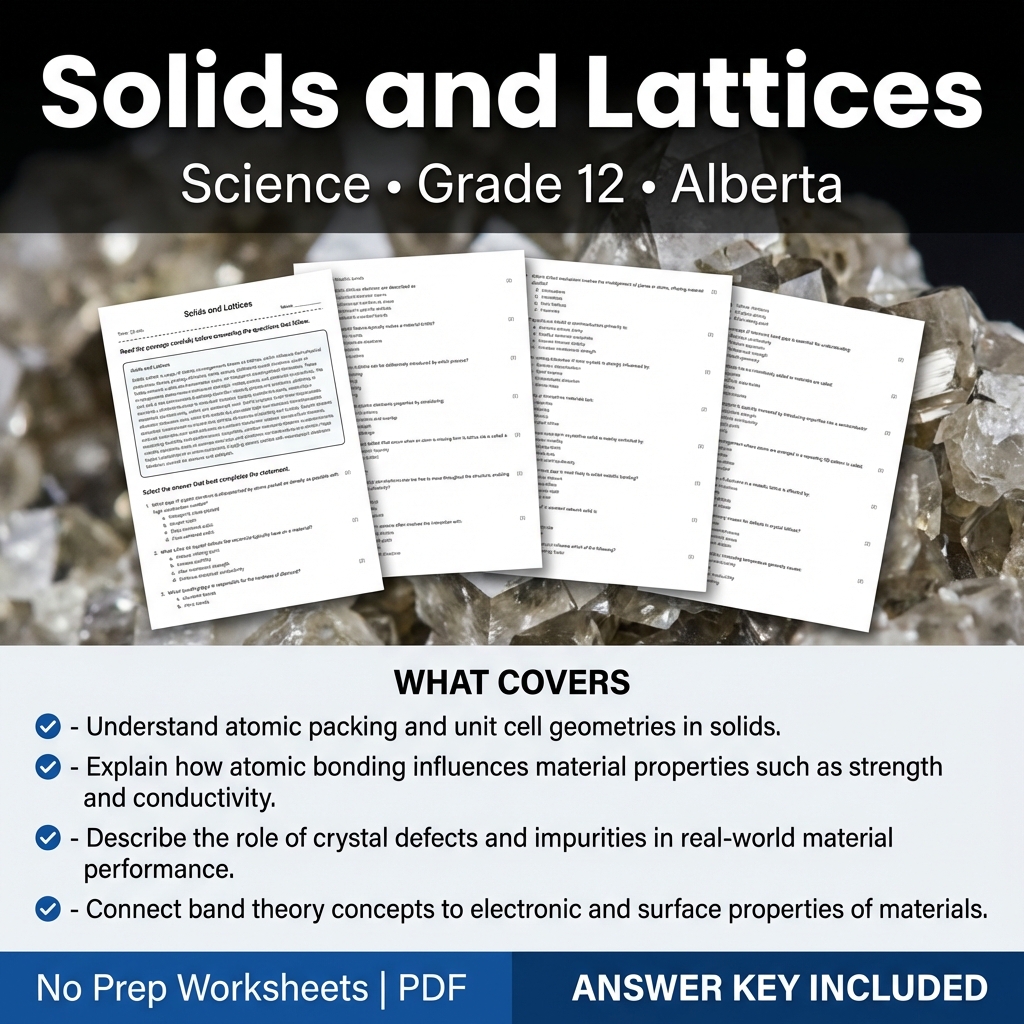 Grade 12 Science Worksheet on Solids and Lattices | Alberta Standards
