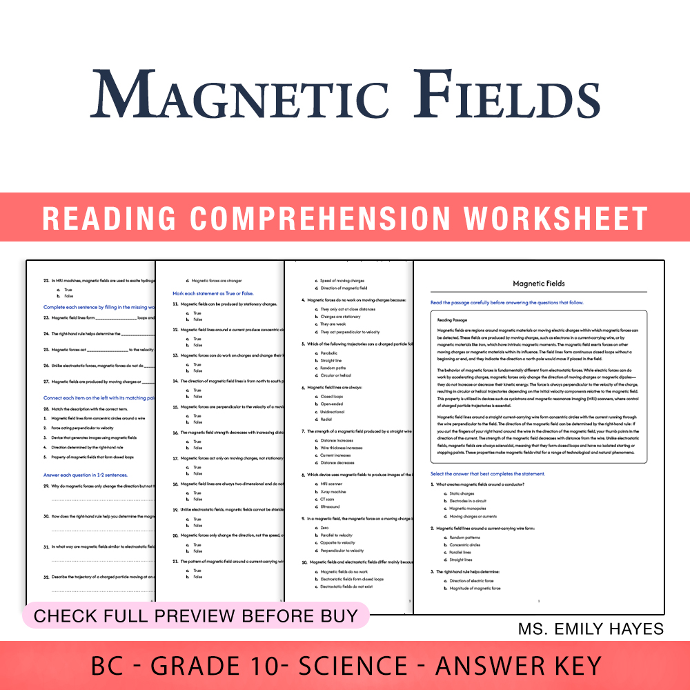 Grade 10 Science worksheet worksheet — 10th Grade Science | Magnetic Fields Worksheet (PDF+ Answer Key) — page 1