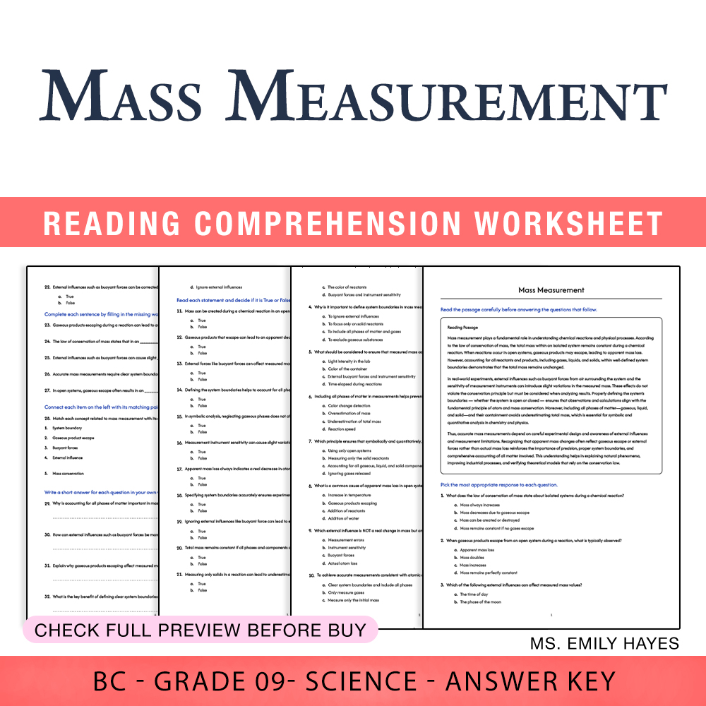 Grade 9 Science worksheet worksheet — 9th Grade Science | Mass Measurement Worksheet (PDF+ Answer Key) — page 1