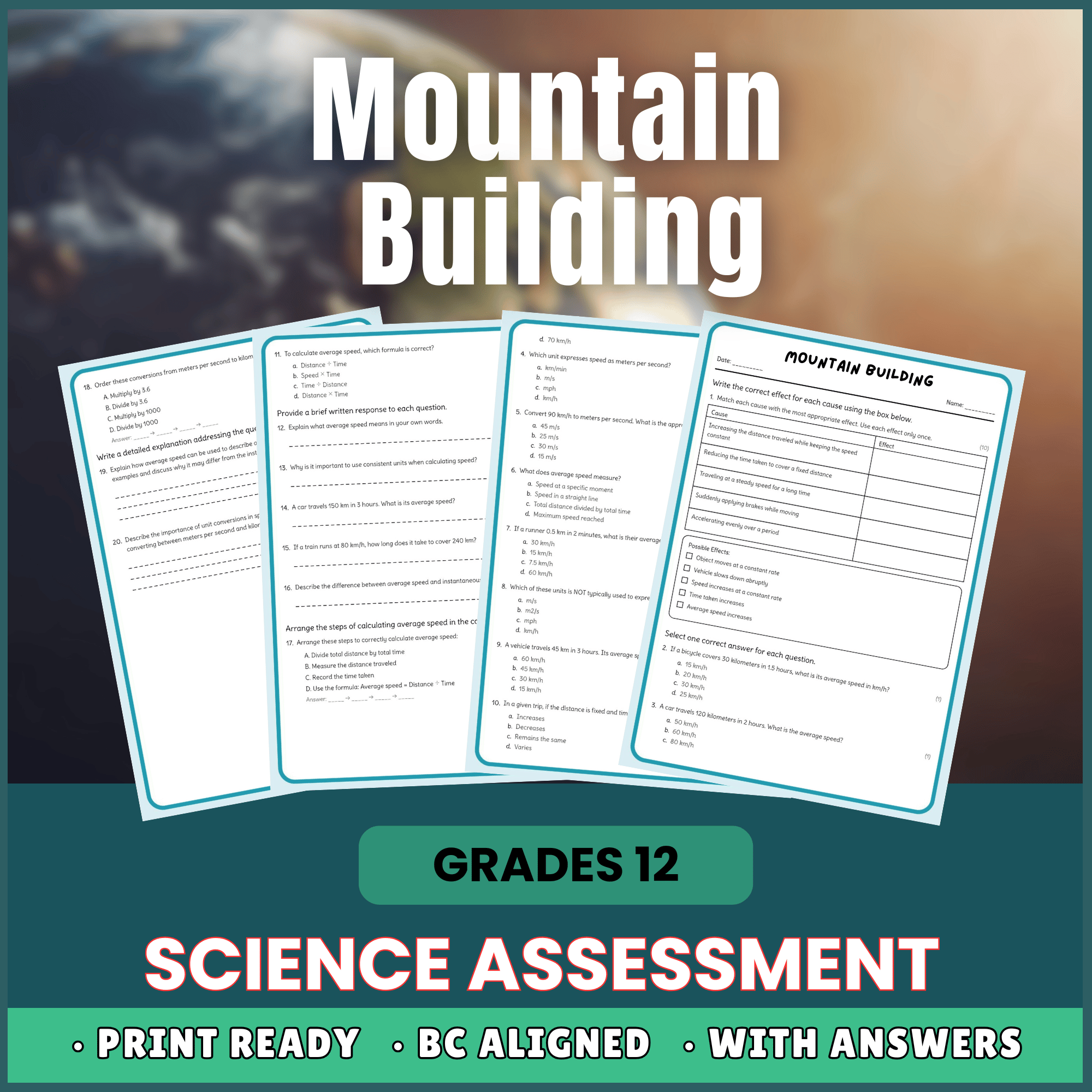 Grade 12 Science | Mountain Building Key Concepts Worksheet (BC Standard) - PDF