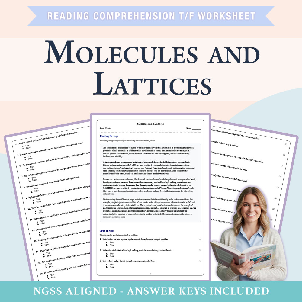 Grade 9 Science reading comprehensions true or false worksheet worksheet — Grade 9 Science | Molecules and Lattices Worksh…