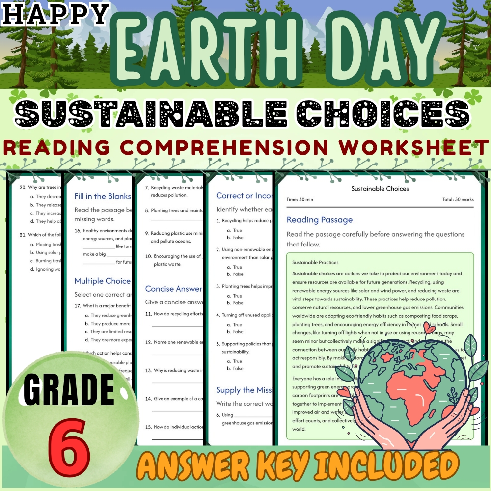 Grade 6| Sustainable Choices Worksheet for Environmental Actions |PDF+Answer Key