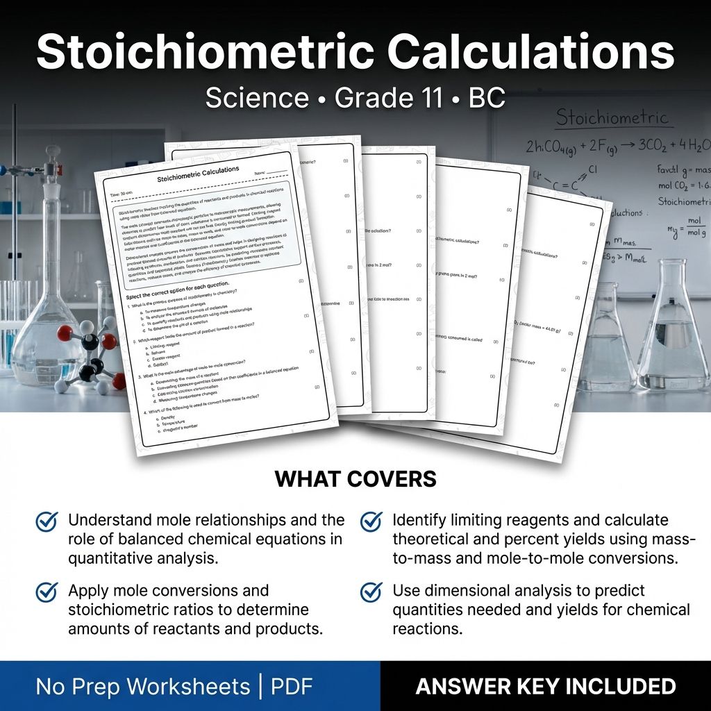 11th Grade Science | Stoichiometric Calculations Worksheet & Answer Key (PDF)
