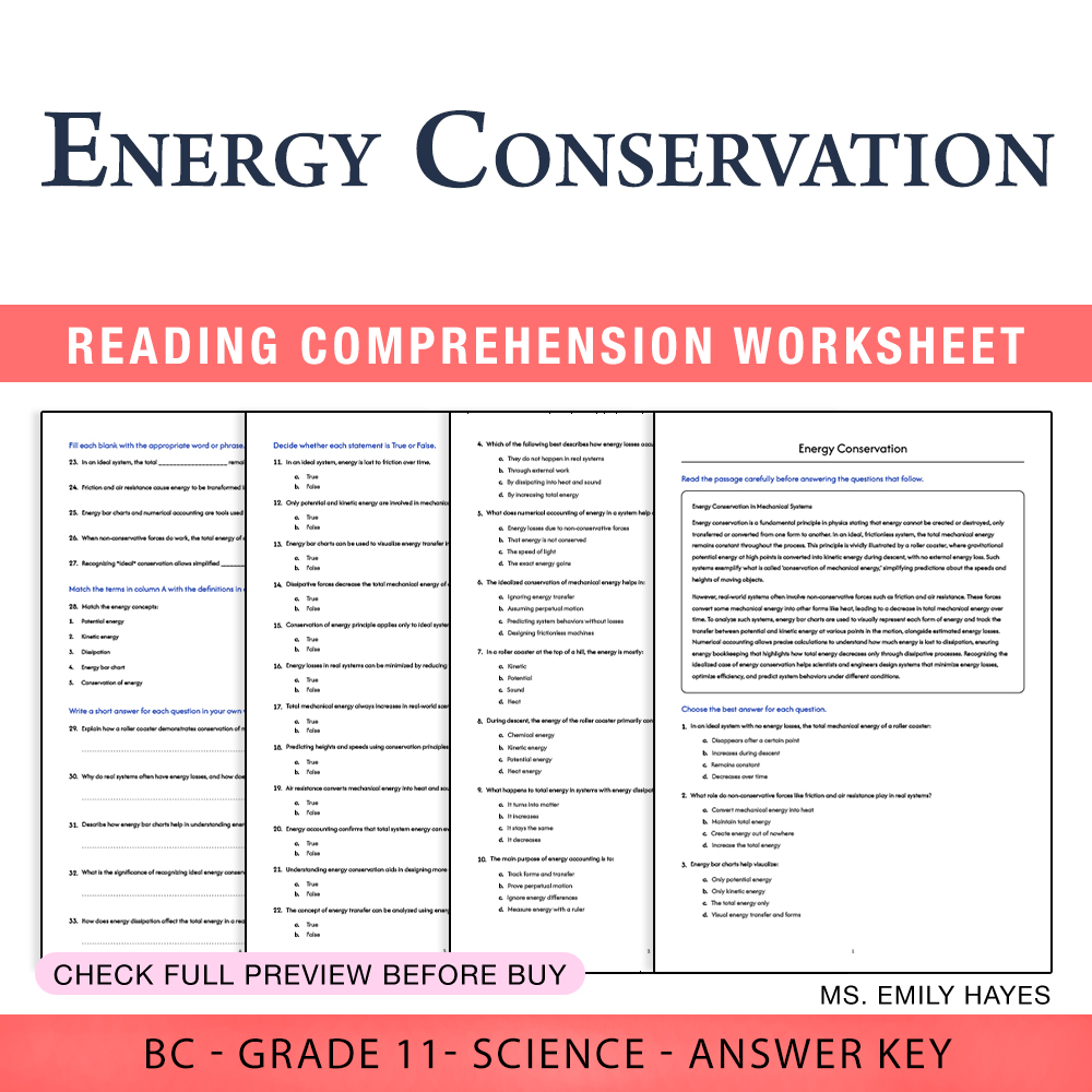 Grade 11 Science worksheet worksheet — Grade 11 Science | Energy Conservation Worksheet (PDF + Answer Key) — page 1