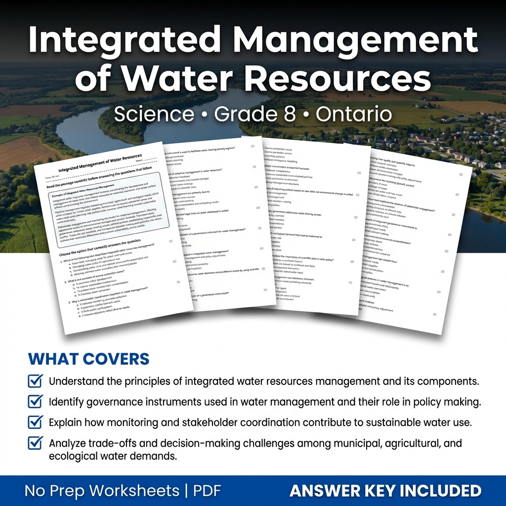 Grade 8 Science Worksheet | Integrated Water Resources Management | Ontario