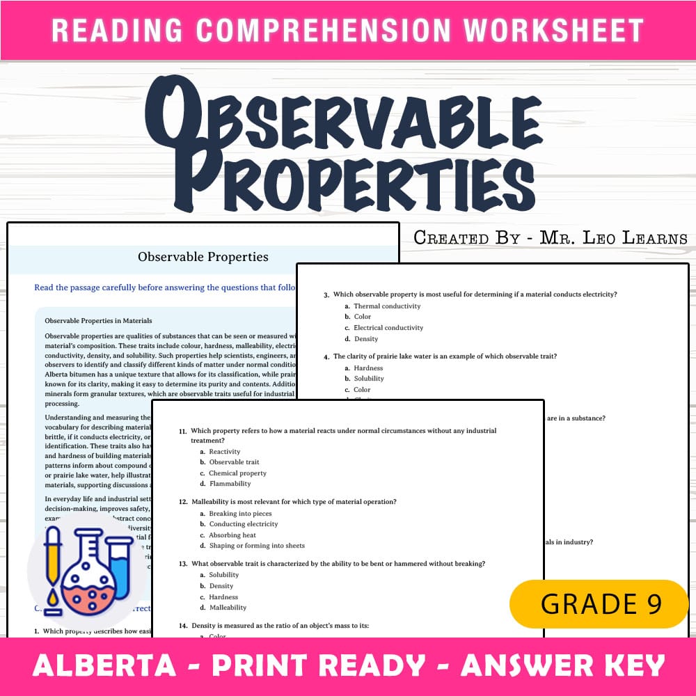 Grade 9 Science worksheet mcq paper worksheet — Grade 9 Science — Worksheet MCQ Paper for Mastering Observable Properties…
