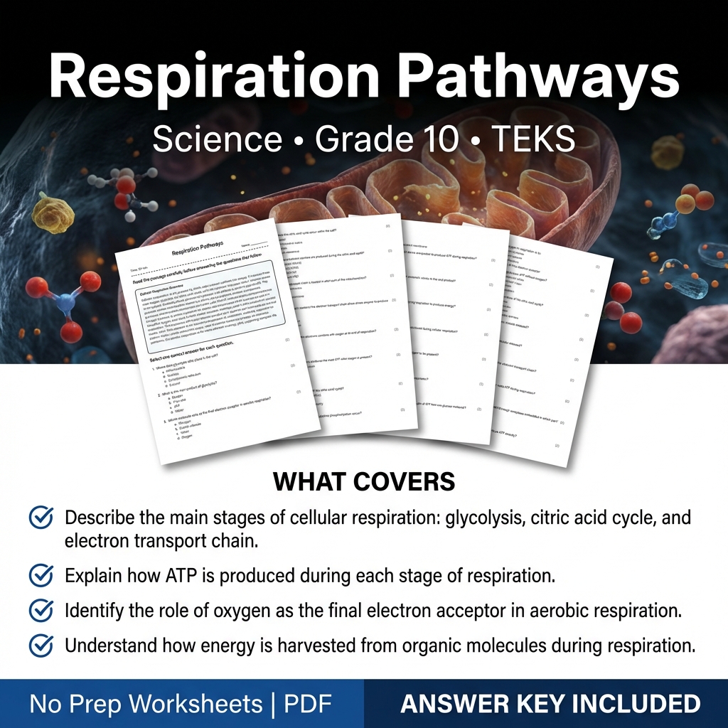 Respiration Pathways Grade 10 Science Worksheet | TEKS Aligned