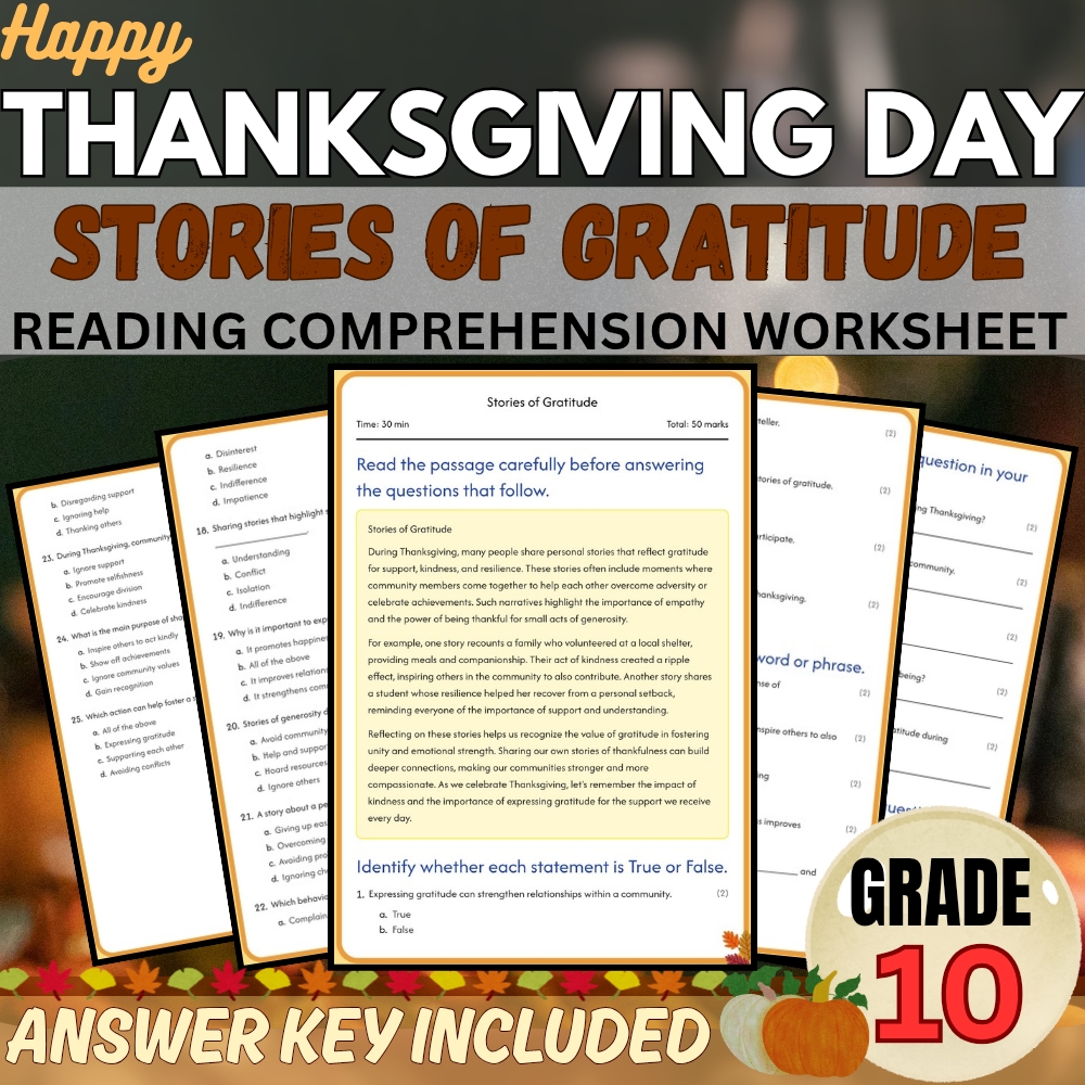 Grade 10 Happy Thanksgiving Worksheet for Understanding Gratitude|PDF+Answer Key