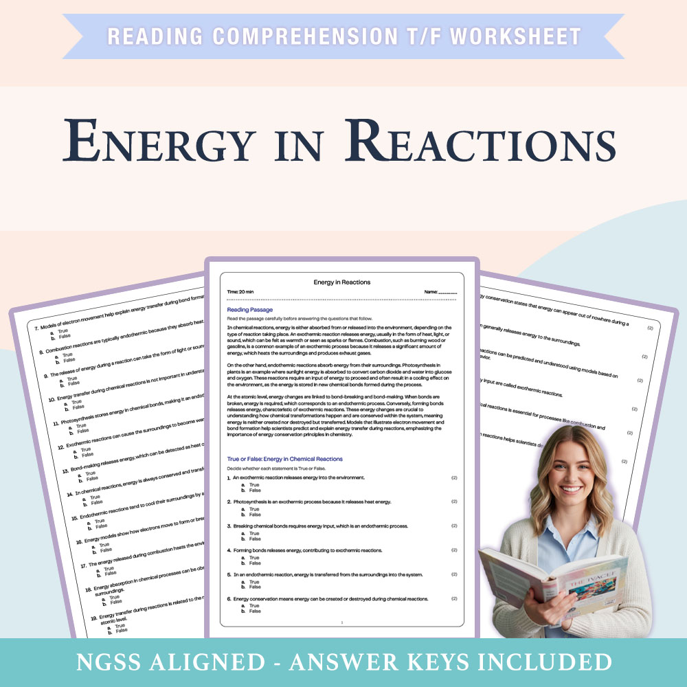 Science reading comprehensions true or false worksheet worksheet — 7th Grade Science | Energy in Reactions Worksheet (PDF…