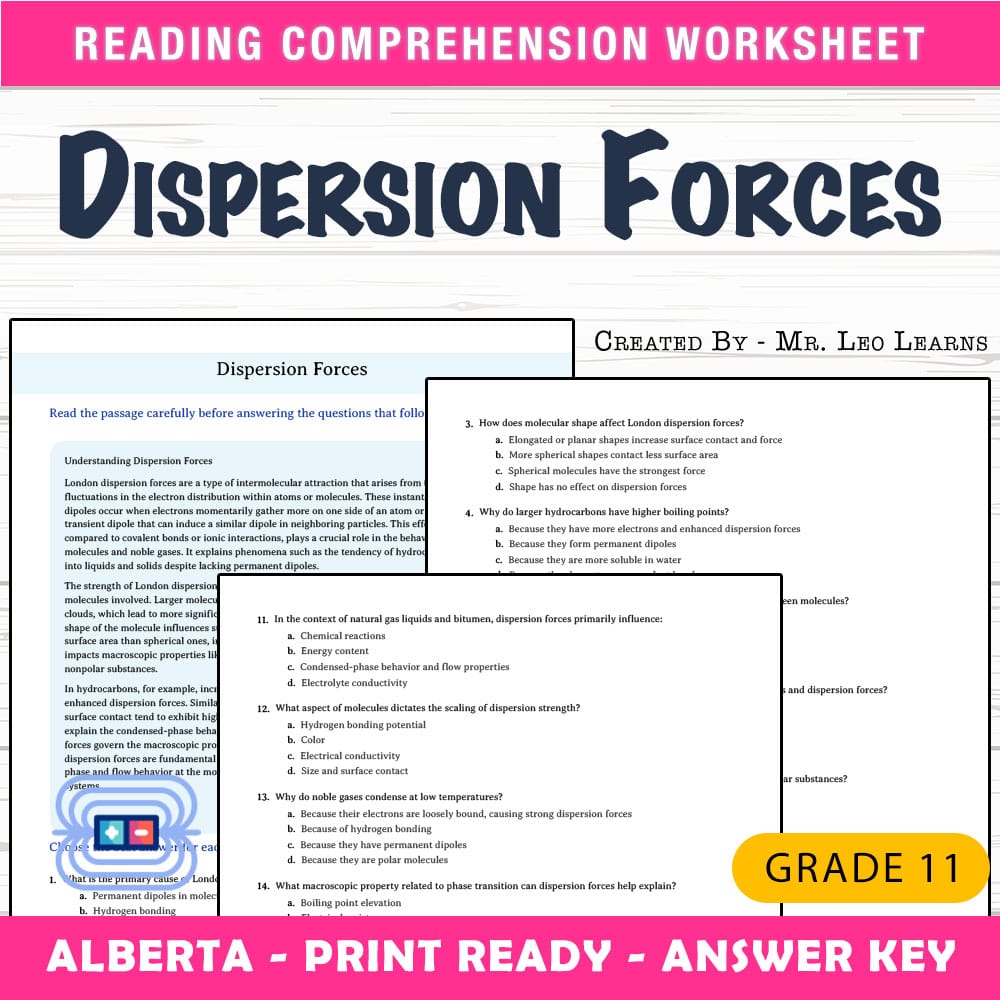 Grade 11 Science worksheet mcq paper worksheet — Grade 11 Science — Worksheet MCQ Paper for Mastering Dispersion Forces —…