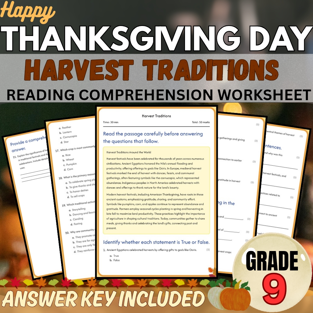 Grade 9 Seasonal Holidays Worksheet Pack | Thanksgiving History (PDF+Answer Key) — included worksheet 2