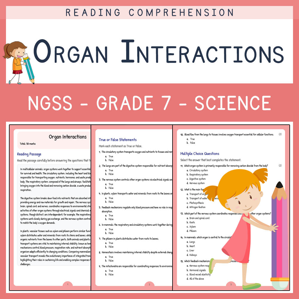 Grade 7 Science worksheet worksheet — Grade 7 Science | Organ Interactions Worksheet (Answer Key) for NGSS Alignment — page 1