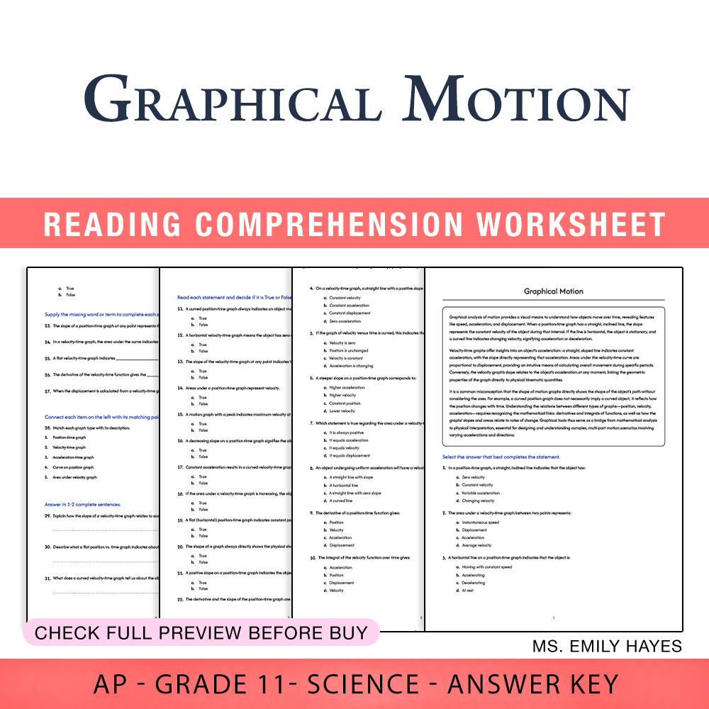 Grade 11 Science worksheet worksheet — 11th Grade Science | Graphical Motion Worksheet (PDF+ Answer Key) — page 1