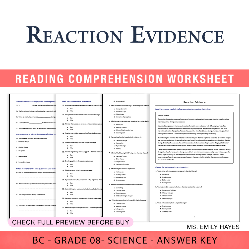 Grade 8 Science worksheet worksheet — 8th Grade Science | Reaction Evidence Worksheet (PDF + Answer Key) — page 1